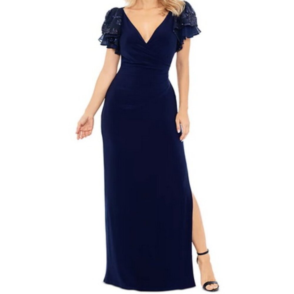 Betsy & Adam Navy Blue Sequin V-Neck Flutter Sleeve Gown